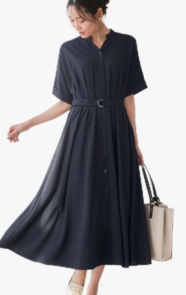 noannuノアンヌ☆大きいサイズ☆シャツワンピース3L半袖☆ネイビー ワンピース シャツワンピース ネイビー カジュアル 無地