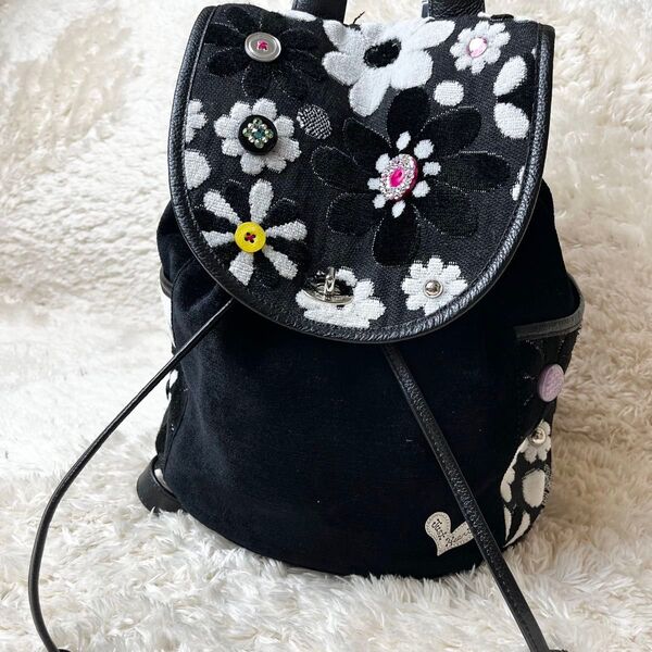 【美品】シンクビー リュック マーガレット ゴブラン ビーズ ビジュー 花柄 黒