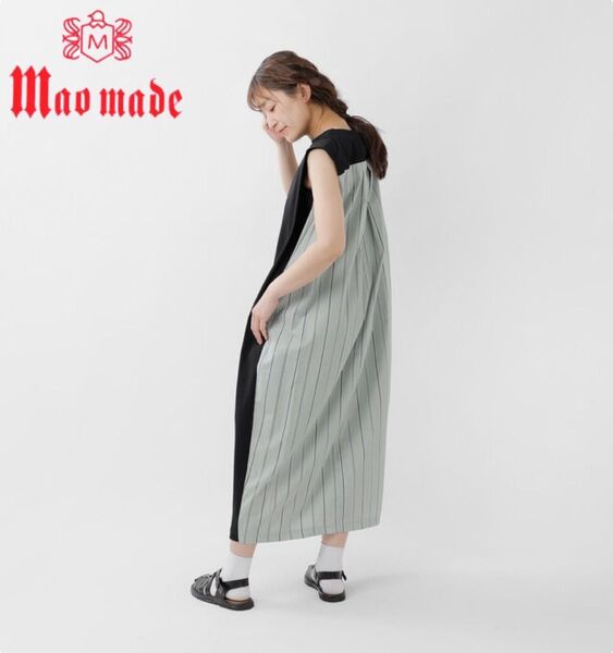 美品 mao made マオメイド 布帛 ストライプ 切替え 異素材切替え 肩タック ノースリーブ ワンピース ロングワンピース
