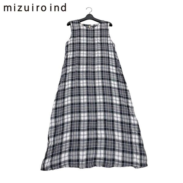 mizuiro ind ミズイロインド テンセル100% チェック 格子柄 ノースリーブ ロングワンピース オーバーサイズ