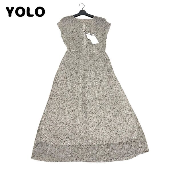 新品 YOLO ヨーロ 小花柄 フラワー 総柄 ハーフボタン プリーツ シフォン ロングワンピース 胸ポケット2箇所 ウエストゴム