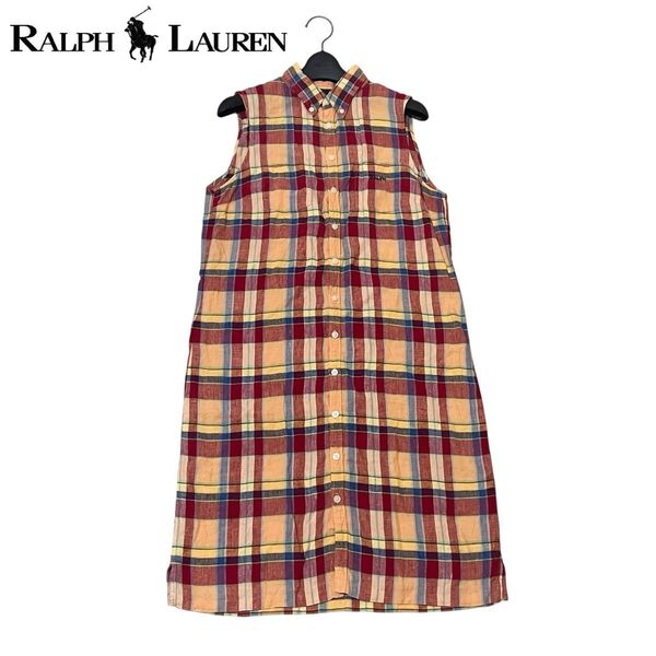 美品 RALPH LAUREN ラルフローレン リネン100% 刺繍ロゴ チェック 格子柄 ノースリーブ シャツワンピース M