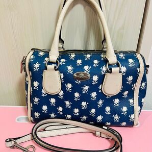 COACH コーチ ミニボストンバッグ ローズプリント ネイビー