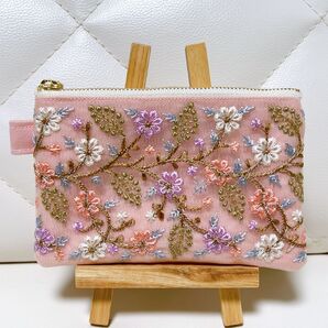 インド刺繍リボン フラットポーチ ファスナー14㎝ ピンク ハンドメイド