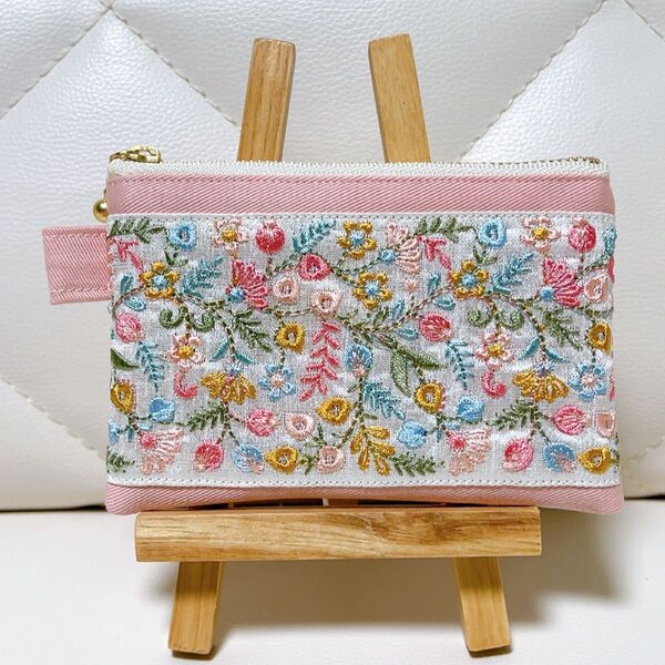 インド刺繍リボン フラットポーチ ファスナー12㎝ ピンク ハンドメイド