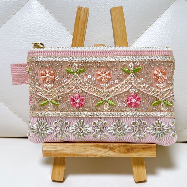 インド刺繍リボン フラットポーチ ファスナー12㎝ ピンク ハンドメイド