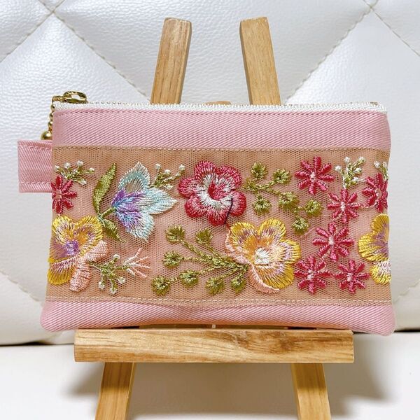 インド刺繍リボン フラットポーチ ファスナー12㎝ ピンク ハンドメイド