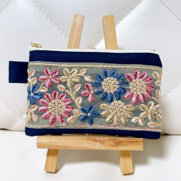 インド刺繍リボン フラットポーチ ファスナー12㎝ ネイビー ハンドメイド
