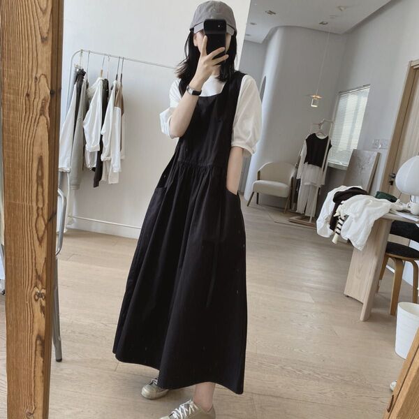【ブラック】エプロン 無地 キッチン おしゃれ レディース シンプル ワンピース かわいいエプロン 黒 料理 ガーデニング