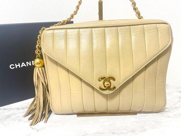 【美品】CHANEL マドモアゼル フリンジ チェーンショルダーバッグ ベージュ ラムスキン