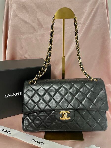 ☆美品☆ シャネル マトラッセ Wフラップ Wチェーン ショルダーバッグ ブラック ラムスキン
