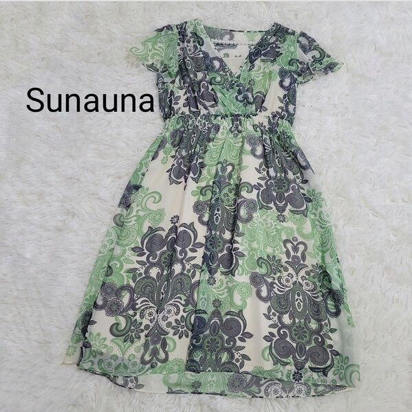 美品 Sunauna スーナウーナ チュニックワンピース 総柄 グリーン系 38