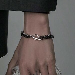 メンズ ブレスレット ダブルレイヤー ステンレス パンクスタイル ジュエリー シンプル カジュアル シルバー ブラック394591