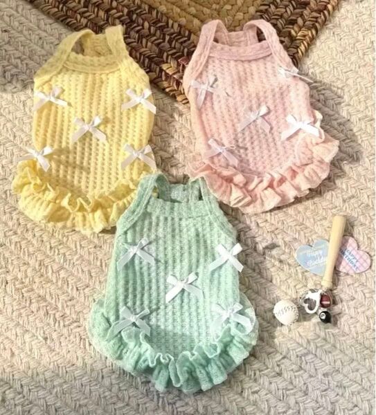 【新品】ペット服 リボンいっぱい可愛いドレス フワフワフリル 優しい色合いのパステルカラーワンピース 春夏秋 柔らか素材♪