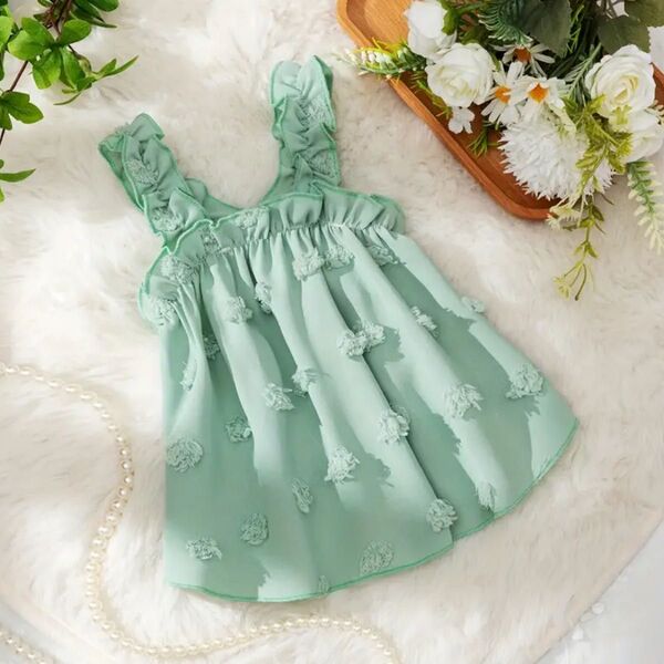 【新品】ペット服 ミントグリーン フローラル ジャカード ペットドレス ラッフルドレス&裾付き オールシーズン 快適着心地 通気性