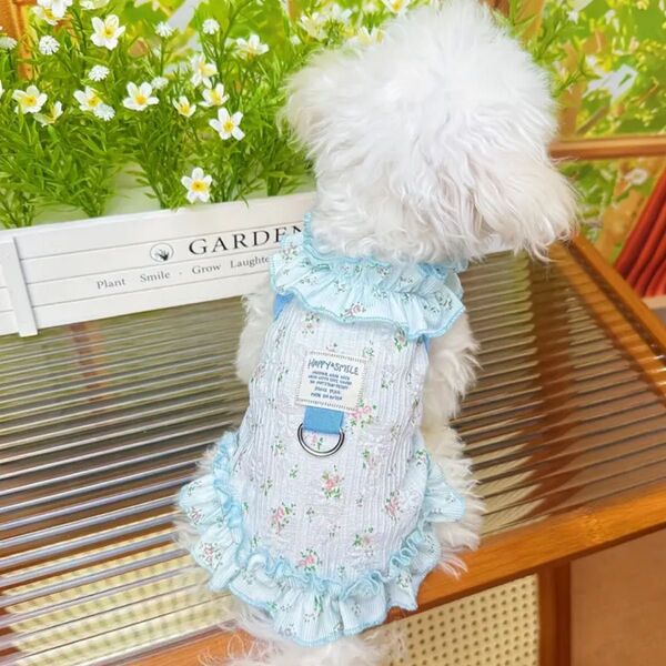 【新品】ペット服 夏 花柄プリント ストラップドレスプリンセススタイル 犬猫服 ペットウェア 通気性 冷却 サラサラ 透かし柄