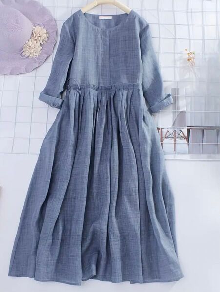 【新品】●訳あり●レディース リネンワンピース 半袖 ロング クルーネックAライン シンプル マキシ丈 カジュアル 春夏 ゆったり