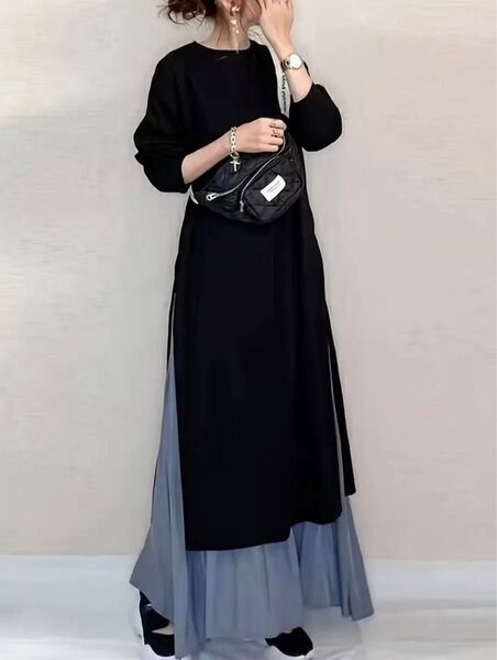 【新品】レディース セットアップワンピース 長袖ハイスリットカラーブロッキングドレス ゆっくり 綺麗め《FREE size》