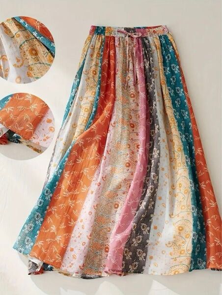 【新品】フローラルプリント ナチュラル 鮮やかなパッチワークデザイン プリーツスイングスカート 春夏秋 マキシスカート 裏地付き