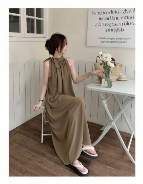【新品】レディース ノースリーブワンピース ホルターネック リボン ロング丈 ポケット付き 春夏秋 フランス風オフショルダードレス