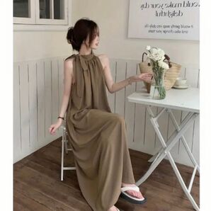 【新品】レディース ノースリーブワンピース ホルターネック リボン ロング丈 ポケット付き 春夏秋 フランス風オフショルダードレス