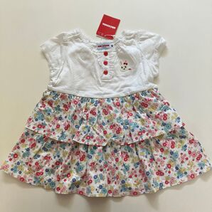 【新品未使用】ミキハウス うさこちゃんフリルワンピース 花柄 サイズ80センチ チュニック 白色