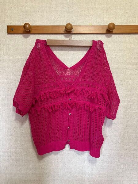 HUNCH ハンチ カーディガン ニット ボレロ ピンク レース編み 半袖 M