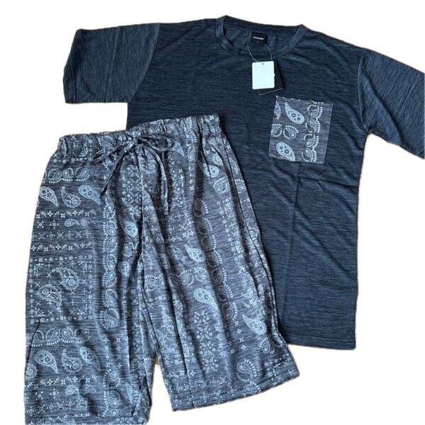 新品 メンズ 半袖 Tシャツ ハーフパンツ セット ペイズリー柄 Lサイズ ルームウェア パジャマ グレー