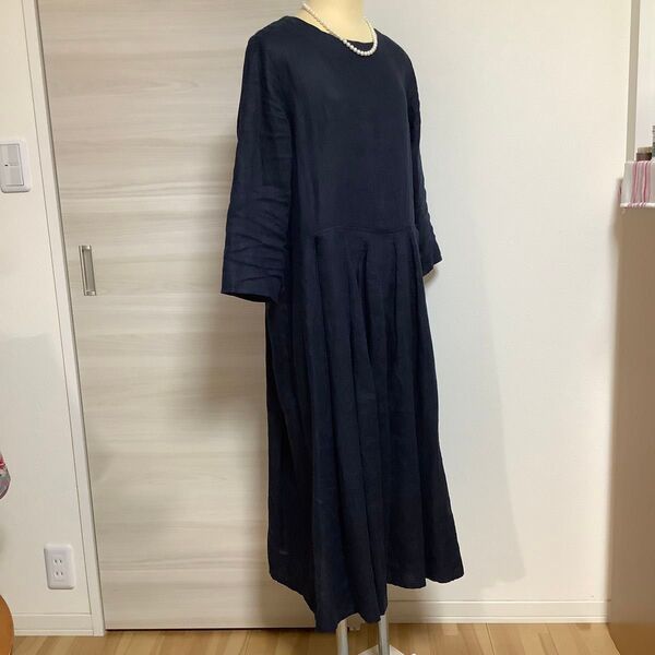 美品 ハンドメイド リネン100% タックロングワンピース
