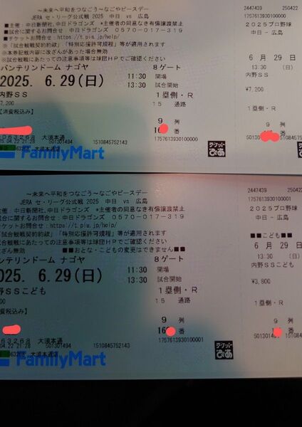 バンテリンドーム 2025年6月29日(日) 中日ドラゴンズvs広島カープ戦 内野SS 大人1枚子供1枚連番の2枚 定価以下