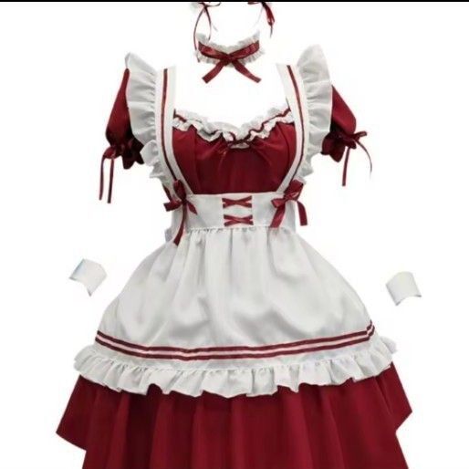 メイド服 コスプレ衣装 コスチューム ナイトウエア 付属品多数 レッド×ホワイト 3XL 大きなサイズ