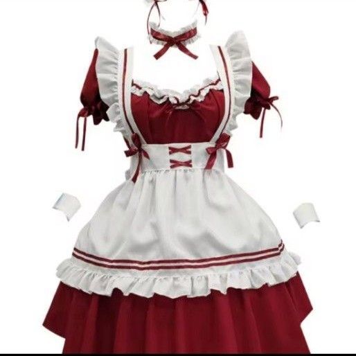 メイド服 コスプレ衣装 コスチューム ナイトウエア 付属品多数 レッド×ホワイト 3XL 大きなサイズ