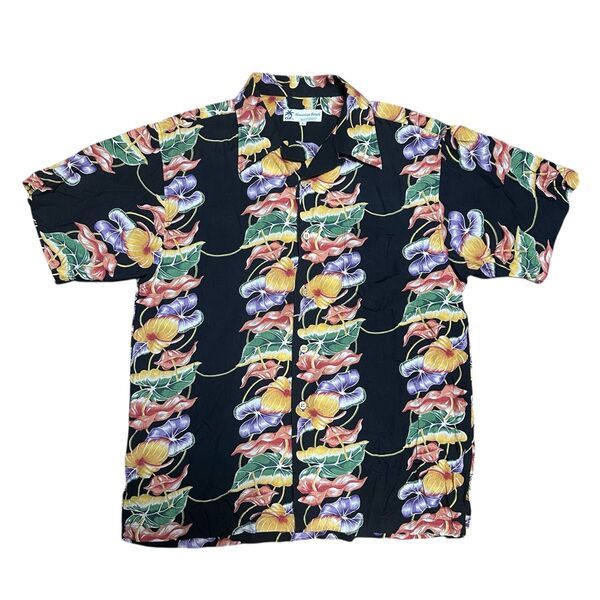 アロハシャツ Hawaiian Beach WAIKIKI SPORTS ハイビスカス レーヨン 開襟 ブラック オープンカラー
