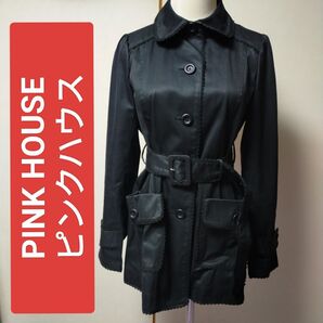 PINK HOUSE ピンクハウス ステンカラーコート ラウンドカラー パフスリーブ ベルト付き ブラック系 サイズ表記無し