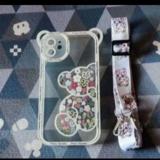iPhone11 ケース 花柄 クマ ストラップ付き