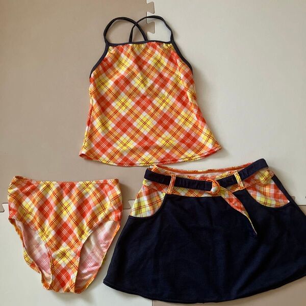 女の子 水着 3点セット チェック柄 オレンジ 黄色 150