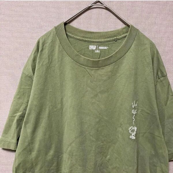 ユニクロ スヌーピーワンポイントTシャツ(XL)グリーン バックプリント