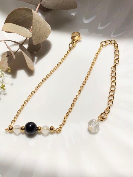 再販◆モリオン◇水晶◇ 天然石ブレスレット◇ゴールドチェーン