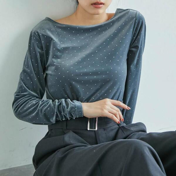 VIS ビス ラメプリントベロアロングスリーブTシャツ チャコール カットソー