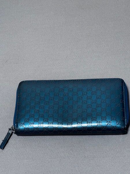 GUCCI グッチ ラウンドファスナー 長財布 メタリックブルー