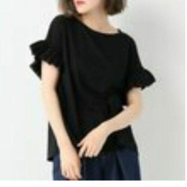 シンプリシチェ 黒 Tシャツ カットソー 異素材 フリル袖 ブラック FREE