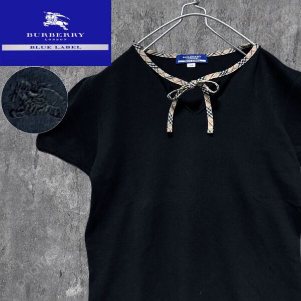 【美品】バーバリーブルーレーベル パフスリーブ ノバチェック リボン Tシャツ