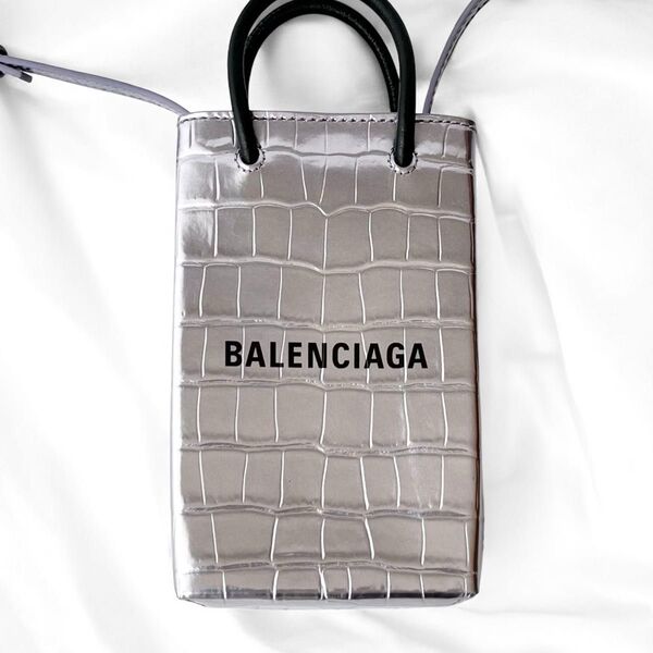 美品 バレンシアガ ショッピング フォンホルダー シルバー ショルダーバッグ BALENCIAGA
