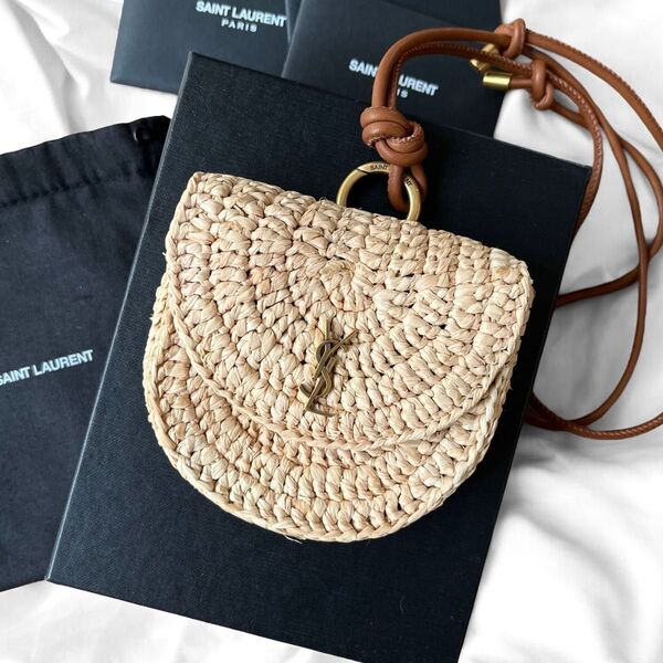 美品 サンローラン ミニ ショルダーバッグ ポシェット ポーチ ラフィア SAINT LAURENT