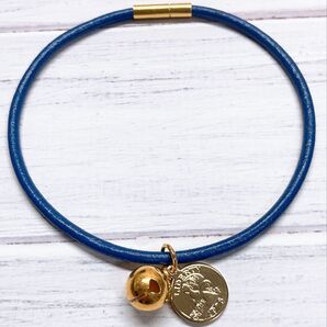 猫ちゃん用 オーダーメイド革紐首輪 丸紐タイプ 青 ハンドメイド