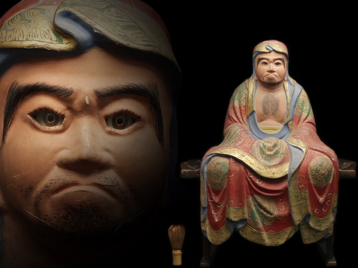 EE351 時代物【廣之 作】一刀彫 木彫「達磨大師坐禅像」高25.4cm