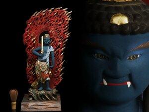 【蔵】仏教美術 木彫彩色鍍金 不動明王立像 玉眼 高さ約59㌢ 木彫 仏像 佛像 B030