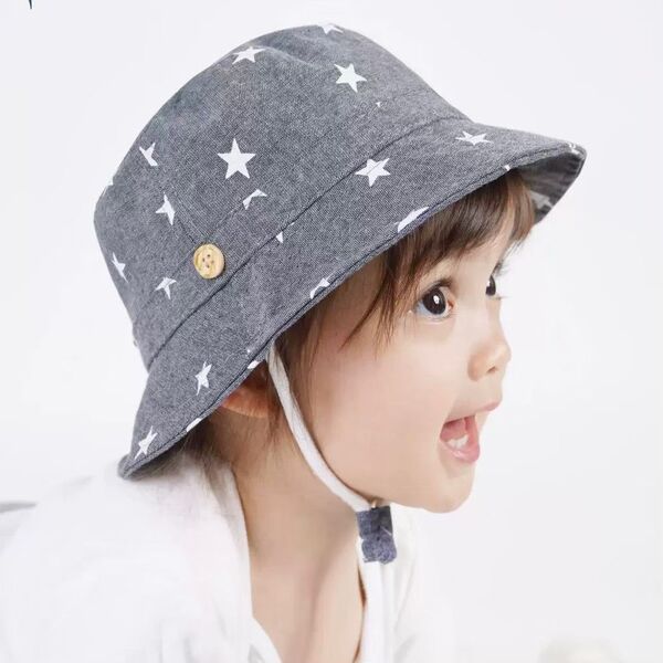 キッズハット 52cm つば広 キッズ 帽子 星柄 可愛い 紫外線 UVカット 日焼け止め 保育園 幼稚園 遠足 公園