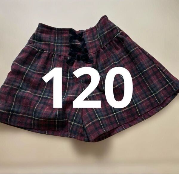 レースアップリボン キュロット 冬素材 えんじ チェック 120 ショートパンツ キュロット チェック柄