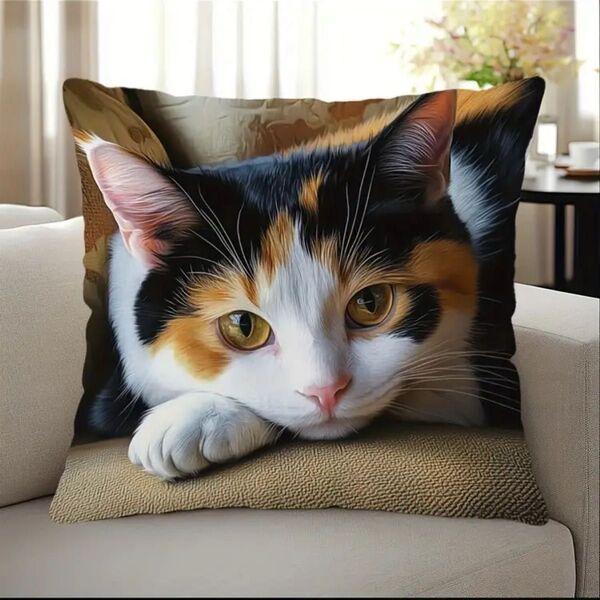 【新品】 三毛猫柄のクッションカバー リアルな猫柄 45×45cm
